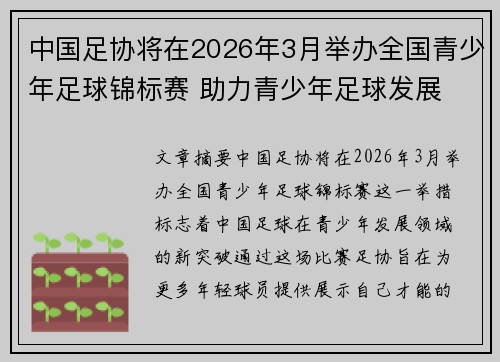 中国足协将在2026年3月举办全国青少年足球锦标赛 助力青少年足球发展